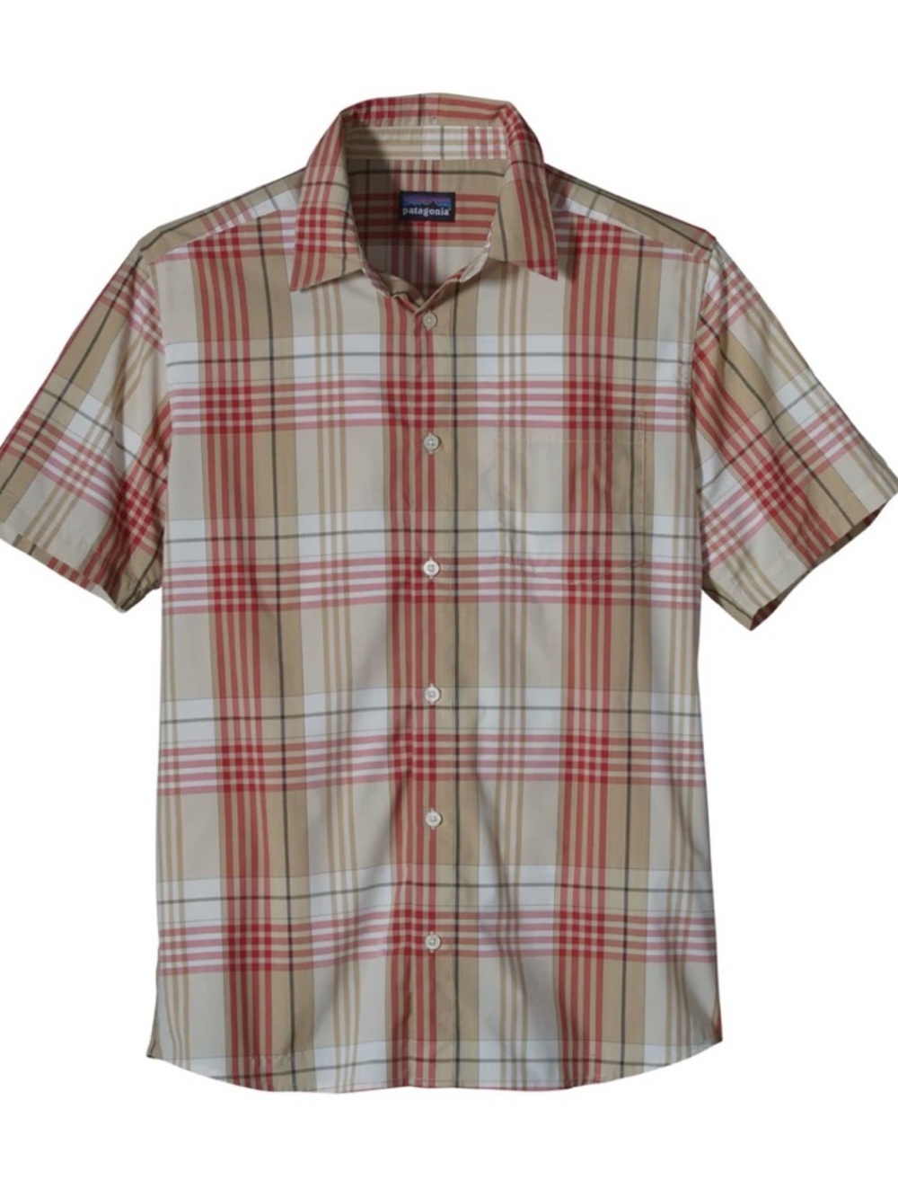 Patagonia Gone Again Short-Sleeve Plaid Button-Up Shirt Red Tan White Large